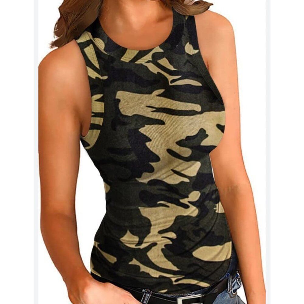 Dokotoo Women Ribbed Sleeveless Camouflage Ribbed Tank Top Size M